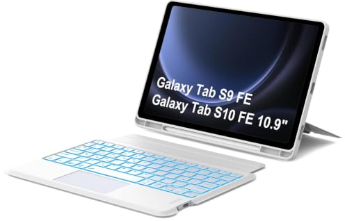 Funda Teclado Samsung Tab S9 FE/S10 FE con Touchpad, Funda Teclado 3 Canales Bluetooth Español Ñ Retroiluminado Magnéticamente Soporte Retrato/Paisaje para Samsung S9 FE/S10 FE 10.9/S9 11, Blanco