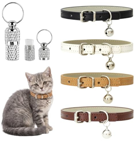 NOPVUFA Katzenhalsband Leder mit Verstellbarem Verschluss und Glocke, 4er Set Verstellbares Katzen Halsband mit Adressanhänger, Halsband für Katzen & Welpen, Schwarz Weiß Braun Beige
