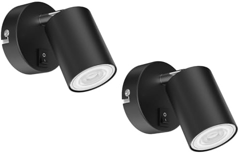 ledscom.de 2x Wandspot WAIKA, einflammig, mit Schalter, GU10, schwarz matt, inkl. GU10 LED Lampe (weiß, 5,3W, 504lm, 44°)