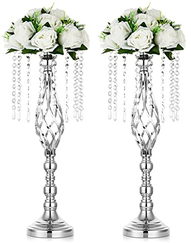 NUPTIO Blumenständer Metall Silber Hochzeit: 2 Stück 55cm Hoch Metall Kristall Blumenvase Silberne Vase Hochzeitsdeko Tisch Tafelaufsatz Geburtstag Party Jahrestag Einweihung Tischdeko