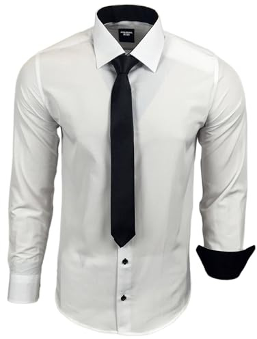 Subliminal Mode - Chemise Homme Manches Longues Col Bicolore Uni + Cravate Noir Chemise Coupe Ajusté Business Repassage Facile RN77 Blanc XL