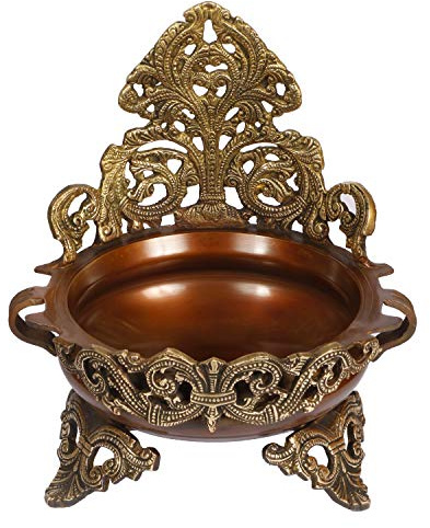 Kartique Traditionelles Urli-Gefäß aus Messing, groß, für Heimdekoration, Blütenblätter im Wasser, Dekoration mit Ständer, Büro, Wohnzimmer, Balkon, Schaustück, Vastu Benefit, Gold- und Bronzefarbe