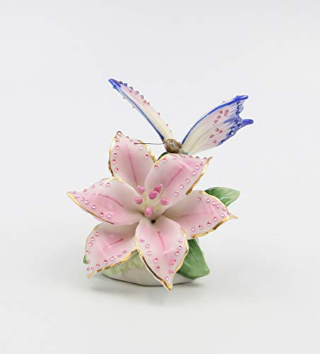 Cosmos Gifts Fine Porcelain Faux Jewel Butterfly with Pink Stargazer Lily Flower Figurine, 3-1/4 H