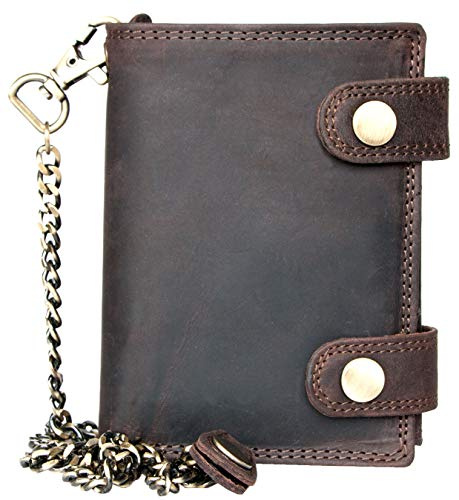 FLW Cartera de Piel auténtica RFID marrón con Dos Hebillas y Cadena de Metal