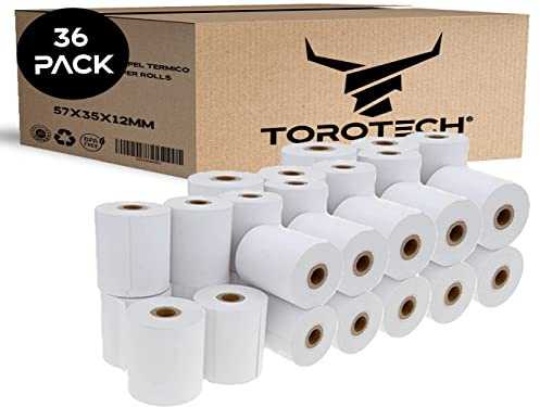 TOROTECH Rullar med vitt termiskt papper för datatelefoner 57x35x12 mm - 36 rullar - Ekologiskt utan BPA - Rullar för terminalbiljetter Kreditkort Hög hållbarhet POS-skrivarrullar (36)