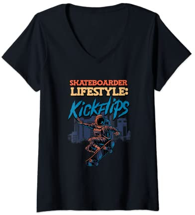 Damen Kickflips Skating Skateboard Waveboard Longboard Skater T-Shirt mit V-Ausschnitt