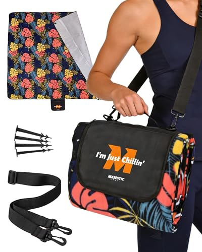 Majestic Sport Picknickdecke 200x200 cm Wasserdicht & Sandfrei — Isolierte XXL Stranddecke für 4-6 Personen mit Tragegriff, Schultergurt, Reißverschlusstasche & 4 Erdankern, Campingdecke. Blumen