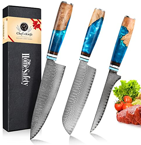 Home Safety Damastmesser Set, 3er Chefmesser Set, Kochmesser Set, 67 Lagen Damaststahl Profi Küchenmesser Set, Damast Fleischmesser mit Ergonomischer Blauer Harzgriff