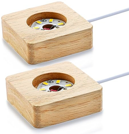 Wooden LED Light Base 2 Pack Display Stand for Crystal Glass Art USB | Natural Wood Finish Warm White Light USB Powered Fits Crystal Glass Acrylic Resin Art And Collectibles