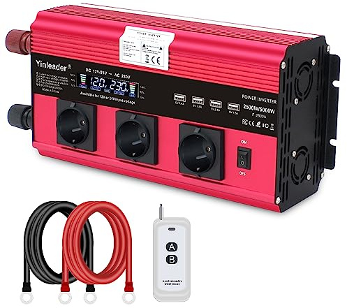 Yinleader Inversor de 12 V/24 V a 230 V, 2500 W/5000 W, transformador de voltaje seno modificado, 3 enchufes y 4 puertos USB, pantalla LCD y mando a distancia