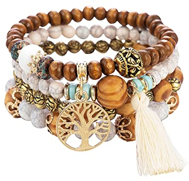 DkakoJew 4 Stück Armbänder Holzperlen Quaste Armband, Frauen Baum des Lebens Charm Statement Armreifen, Kristall Perle,Chakra Armband für Frauen.