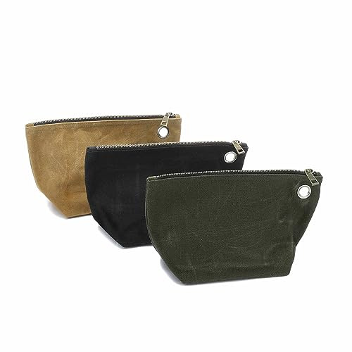 Robuste 16oz Wachsleinwand-Werkzeugtasche, Stehender All-in-One Werkzeug-Organisator | 3er-Pack, Mit Messing-Reißverschluss und Aufhängeschnalle (Klein)