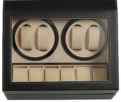 SUBKUDY Automatikuhr, Box mit 4 + 6 Uhren, Uhrenbeweger, Box mit Uhrenbeweger, Box für Herren, Schwarz