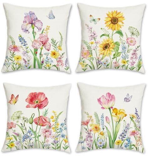 Bonhause Spring Floral Cushion Covers 45 x 45 cm Flower Iris Sunflower Poppy Decorative Throw Pillow Covers for Home Outdoor Garden Decor Set of 4