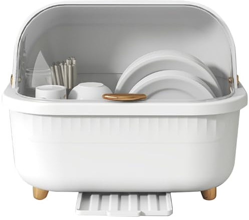 Plastic Dish Drying Rack Dish Drain Storage Box Multifunctional Tableware Holder Space Saving Dish Drainer with Lid Cover for Kitchen Accessories (White L)