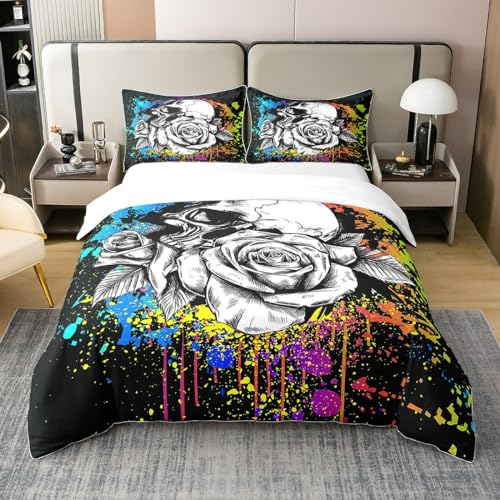 100% Bio-Baumwolle Zucker Schädel Tröster Abdeckung 200x200 Skizze Rose Bettbezug Schwarz Krawatte Dye Stil Bettwäsche Set Gotische Gruselige Bettbezug für Erwachsene Männer Frauen,Schlafzimmer Dekor