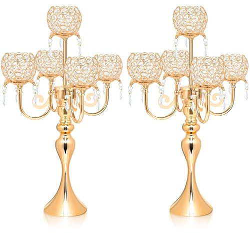 2 PCS Kehail Crystal Table Decoration Gold Candle Holder with Pendant, 5 Arm Candelabra Holder Beautiful Hollow Engraved Table Centerpiece for Christmas, Thanksgiving, Weddings, Holiday Parties