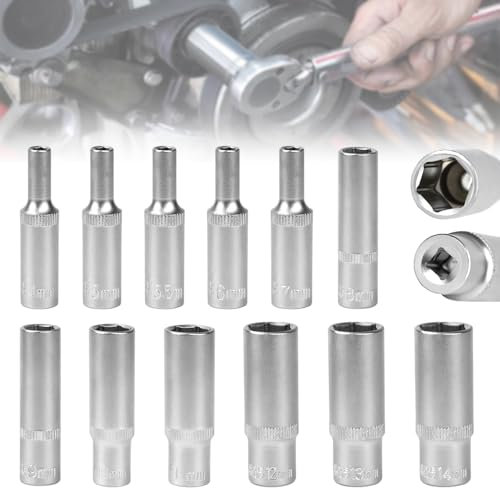 ADERTOS 12 Stück Steckschlüsseleinsätze 6,3 mm (1/4) Sechskant Steckschlüssel-Einsatz Metrisch 4-14mm Stecknüsse aus CR-V 6 Kant Schraubenschlüssel