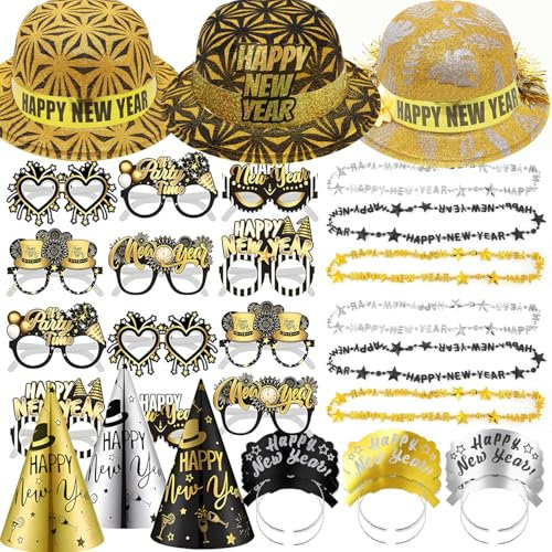 Bdecoll 33Stück Glitzer Silvester Deko 2026 Set,Happy New Year Haarreif Kopfschmuck Partyhüte Accessories - Frohes Neues Jahr - Neujahrsdeko - Dekoration zu Neujahr 2026