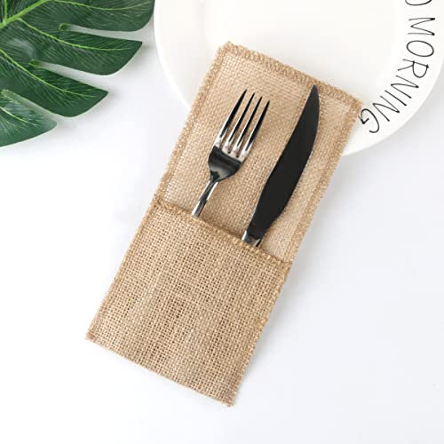 PTNKUIIY 50 Stück Jute Bestecktaschen - Vintage Jute Bestecktaschen mit Spitze Besteckhalter aus Sackleinen Hochzeitsdeko Tischdeko für Hochzeit Party Geburtstag Zuhause Kommunion Ostern -#5