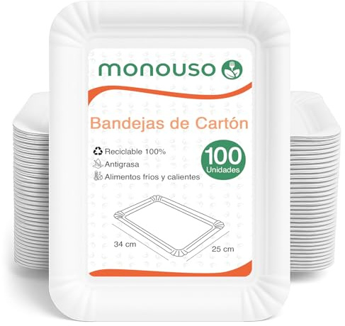 Monouso | 50 Bandeja de Cartón Blanca 25×34 cm | Rectangular Compacta | Resistente al Aceite y Calor | Ideal para Degustaciones y Catering | Pack de 50 Unidades