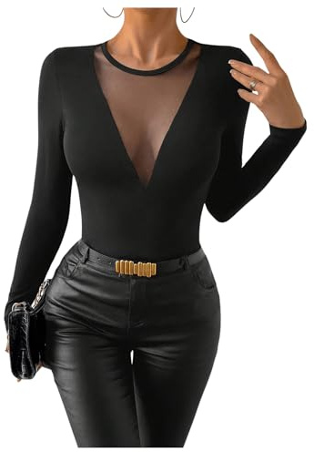 GORGLITTER Camiseta de manga larga para mujer, cuello redondo, manga larga, elástica, camiseta de otoño, con malla de contraste, Negro , M