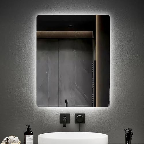 EMKE Badspiegel mit Beleuchtung 50x60cm, Badezimmerspiegel mit Beschlagfrei und 2 Lichtfarbe Warmweiß/Kaltweiß, Taste, Horizontal/Vertikal Explosionsgeschützte Spiegel Klein