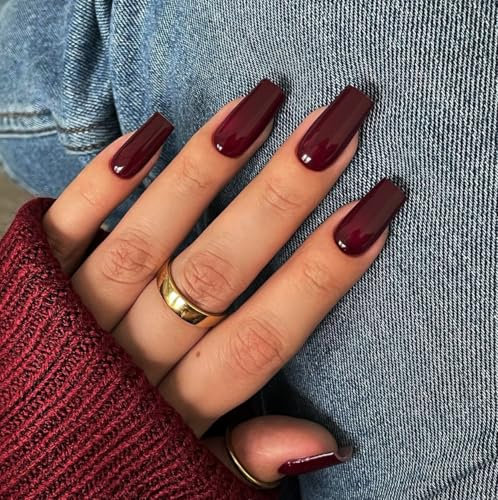 SXVME Dark Red Press on Nails Long Square, Burgundy Red False Nails Medium Coffin, Glossy Gel Fake Nails Press on, Sheer Gel Stick on Nail for Women Fall Winter, 24 Pcs