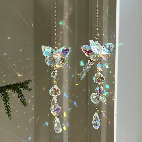 Sonnenfänger Kristall Windspiel, Sonnenfänger Kristall Fenster, 30cm Schmetterling Libellen Regenbogen Kristall Anhänger Deko, Fensterdeko Hängend Kristall Sonnenfänger für Zuhause Gartendeko (C)