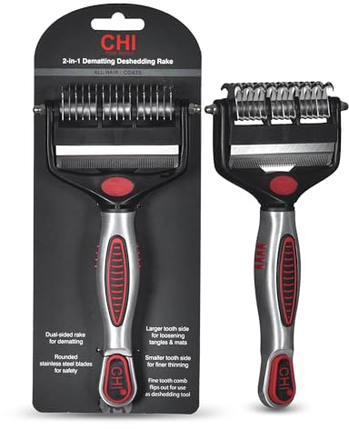 CHI for Dogs 2 in 1 Dematting and Deshedding Rake, Dual Head Dog Grooming Tool with Wide Tooth Dematting Rake and Fine Deshedding Rake, Detangler Comb for Thick Double and Long Dog Coat