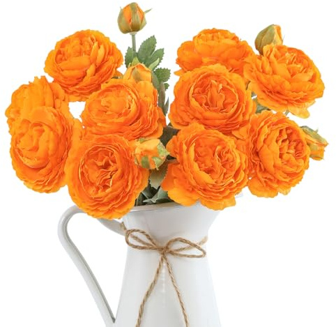 LEUCHTAMOR 6 Bündel Pfingstrosen Künstlich Wie Echt, Seidenblumen mit Beflockung, 49cm Künstliche Blumen Sträuße für Hochzeit, Party, Tischdekoration, Wohnzimmer & Küche Deko（Orange）