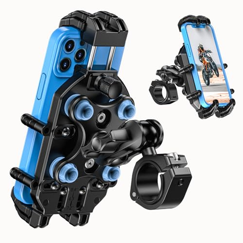 LOKTENWO Motorcycle Phone Mount-[Triple Vibration Dampener] & [Metal Adjustment Arm]，Motorcycle Cell Phone Holder, Bike Phone Mount for iPhone 17 16 15 Pro Max, 5.4-7.2 Smartphones