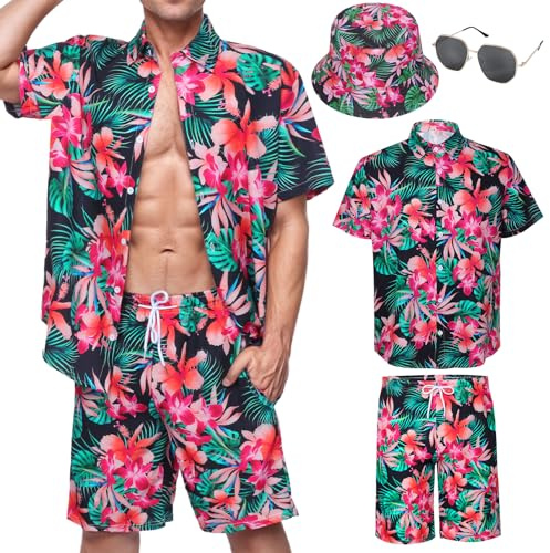 Camisas Hawaiana Hombre, Camisa Pantalones Cortos Hombre Sombrero Gafas Disfraz para Adulto de Playa Verano Tropical Vacaciones (FR/ES, Letras, L, Regular, Regular, Negro 2)