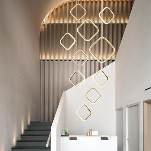 Stesulfr Moderner LED Kronleuchter großer Kronleuchter das Foyer 15 Ringe Aluminiumring dimmbare Pendelleuchte für hohe Decken mit Fernbedienung, höhenverstellbare Deckenleuchte für Treppenhaus und Wo