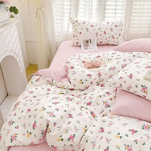 AShanlan Juego de ropa de cama reversible, 155 x 220 cm, algodón, color blanco y rosa