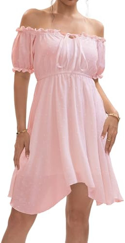 FDKLOOK Womens Pink Off Shoulder Dress Ruffle Puff Sleeve Tie-up Swiss Dot Irregular Cottagecore Mini Fairy Dress S