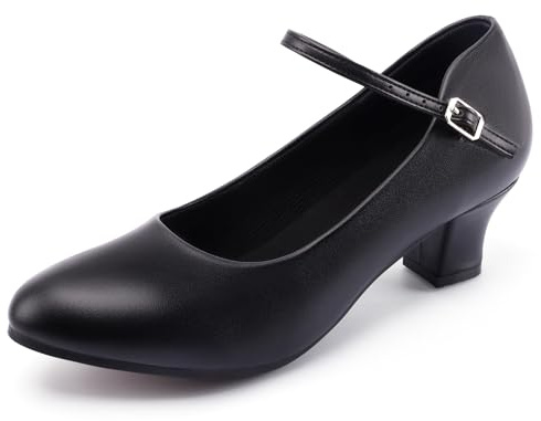 Linodes Economy PU Leather Ankle Strap Character Shoe 2'' Ballroom Dance Shoes Rubber Sole for Women-Black-7.5M