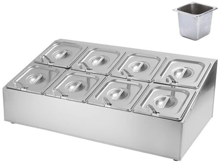 Topping Station with Inclined Stainless Steel Dispenser, Countertop Spice Rack, Includes Pans and Lids for Sauces, Seasonings, Jams, and Fruit Ingredients﻿