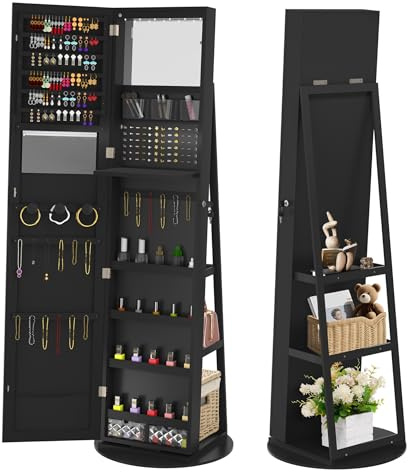 FIVMEN Armoire à bijoux avec miroir - Armoire de maquillage - Rotation à 360° - Avec 6 LED - Verrouillable - Rangement de bijoux - Organisateur de maquillage 3 en 1 - Avec miroir sur pied - Noir