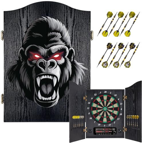 Yirinatek Dartscheibe Elektronisch, Dekoratives Elektronische Dartscheibe Schrank-Set [12 Bronze Soft-Tip Pfeile][Cricket-Spielmodus], Profi E Dart Scheibe mit Holzschranktüren - Vintage