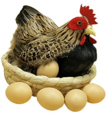 DXEHSEUY, gallina finta, ornamento con piume artificiali, accessorio per la cucina di fattoria, 6 uova