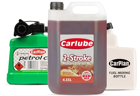 Carlube 2-Stroke Mineral Motorcycle Engine Oil 4.55L, CarPlan 5L Fuel Can, Unleaded Petrol (Green) + CarPlan 2-Stroke Fuel Mixing Bottle 1L