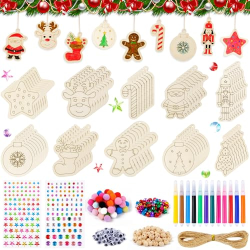 EUES 485pcs Holzanhänger Weihnachten zum Bemalen, Holz bastelset weihnachten kinder, Enthält Holzperlen, Glöckchen, weihnachten basteln für DIY Handgemälde, weihnachtsdekorationen
