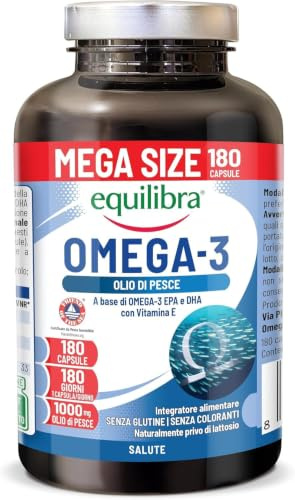 Equilibra Omega 3 Olio di Pesce 2000mg, 180 Capsule, Scorta 6 mesi | EPA 582mg e DHA 388mg, per la Normale Funzione Cardiaca, Funzionalità Cerebrale e Capacità Visiva, Senza Glutine e Lattosio