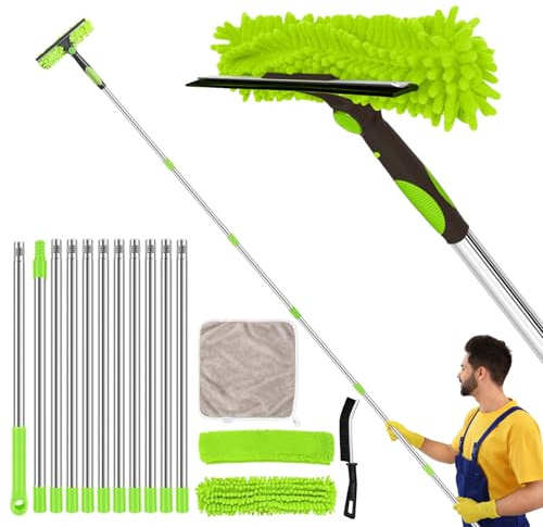 4.5M Window Squeegee Cleaning Equipment Kit with Long Pole, 2 in 1 Extendable Window Cleaner 180° Rotatable Telescopic Window Cleaner with Squeegee and Microfiber Cloth for Indoor/Outdoor (Green)