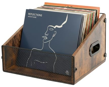 Kryntex Vinyl Record Storage Crate Trapezoid LP Holder with Handles, Wood & Metal Rustic Desktop Album Organiser Box for 12” Records, A4 File Storage & Books, Vintage Brown