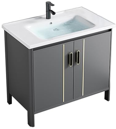 TYMYW Mobile Bagno con Lavabo A Terra con Piedini Lavabo con Mobile con Cerniere Ammortizzate con Rubinetto,Grigio,70 Cm