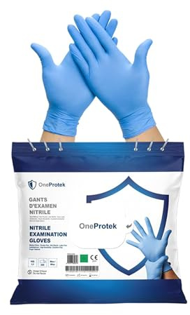 OneProtek Guantes desechables de nitrilo – Bolsa resellable de 200 guantes desechables sin polvo – Azul – Sin látex, resistente y protección contra productos químicos