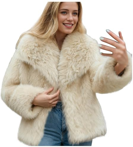 Générique Manteau en Fausse Fourrure Femme Veste Court à Revers Manteaux pour Hiver Chaude Manteau à Manches Longues avec Poche Veste Femme Chic et Elegant (03-Beige, M)