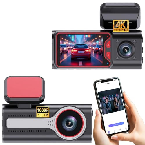 Dashcam, Avant et arrière Deux en Un Avant 4K + arrière 1080P, Grand Angle 170°, Large Plage Dynamique (WDR), Fonction de Vision Nocturne, capteur G, Moniteur de stationnement 24h/24